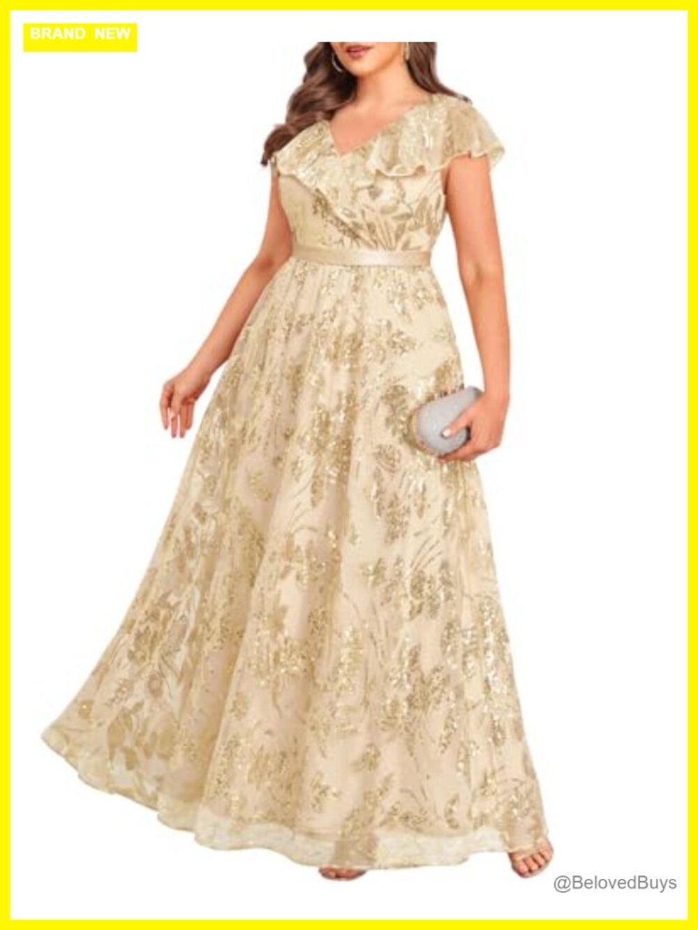 Plus Size Formal Sequin Evening Gown Flutter Sleeve Maxi Dress